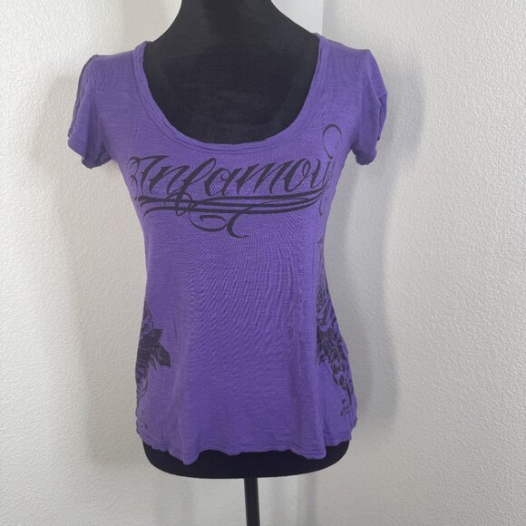 Infamous Purple Graphic Scoop Neck T-Shirt Womens Size M 100% Rayon Vintage Y2K - Picture 1 of 6